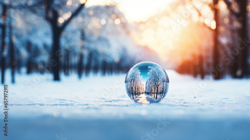 雪が積もった木の街道のボケの背景に、木が綺麗に写ったガラス玉が雪の上にある写真
