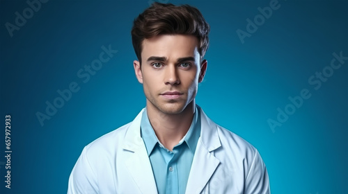 smiling young male doctor looking at camera isolated on blue background