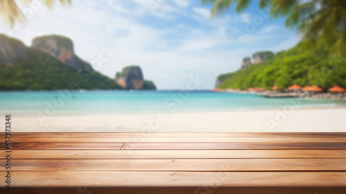 Empty wooden table top with blur background of the beach