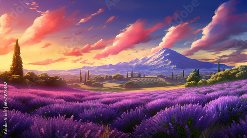 Wallpaper of a beautiful lavender field landscape. Generated with AI Tool