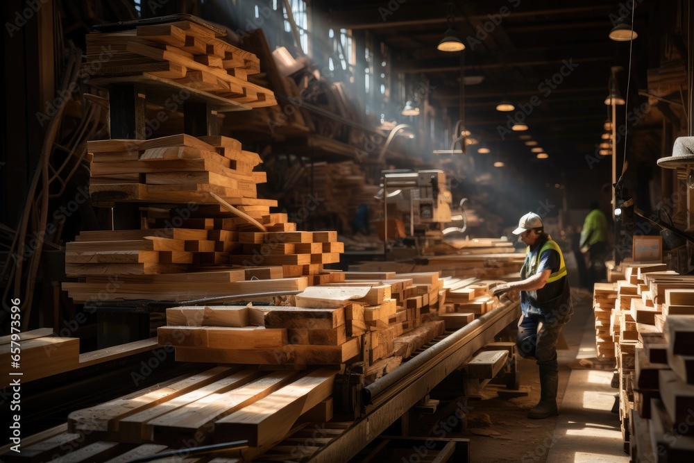 workers in safety vests operating. Wooden plank on a sawmill conveyor belt. Generative AI