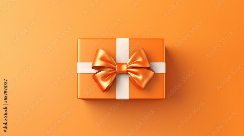 Top view of orange gift box with ribbon and bow isolated on orange background. - obrazy, fototapety, plakaty 
