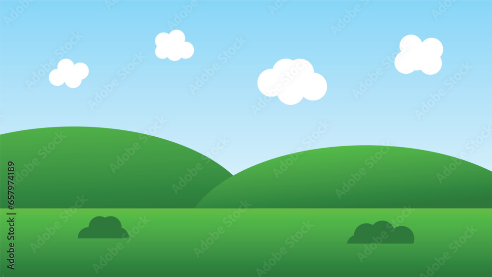 landscape cartoon scene with green hills and white cloud in summer blue sky background
