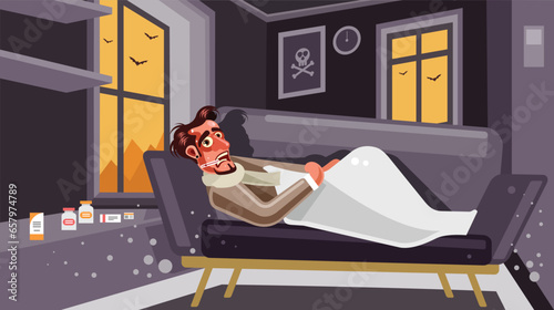 Sick man lying on sofa at home Illustration