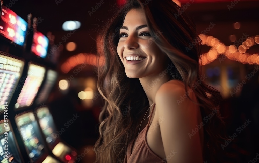 A happy joyful woman won in Casino. Generative AI A happy joyful woman won in Casino. Generative AI