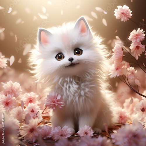 Portrait of a kitten in a sea of pink flowers,Serene Solitude: A Kitten Amidst a Floral Wonderland,cat in the garden