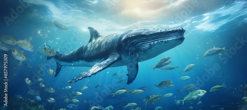Humpback whale and sea fish. Generative AI technology.