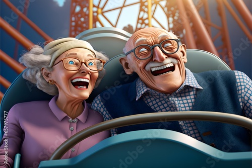 Happy old couple going down roller coaster Pixarlike animated 3d cartoon unreal engine ultra detailed insanely detailed and intricate hypermaximalist elegant hyper realistic super detailed 