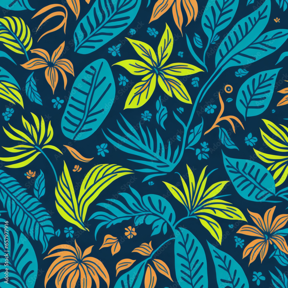 Celebrate the vibrant spirit of the Aloha State with a colorful and whimsical pattern that captures the essence of Hawaii, from the lush green foliage to the bright blue waters generative AI