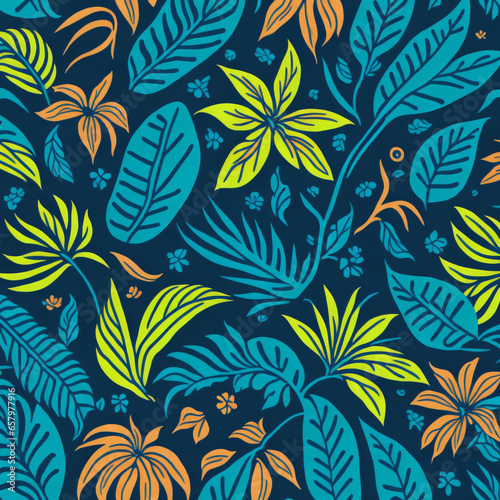 Celebrate the vibrant spirit of the Aloha State with a colorful and whimsical pattern that captures the essence of Hawaii, from the lush green foliage to the bright blue waters generative AI
