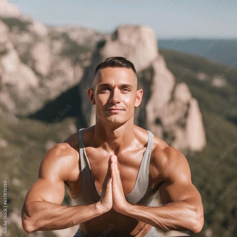 Hombre musculoso haciendo yoga en una montaña Stock Photo