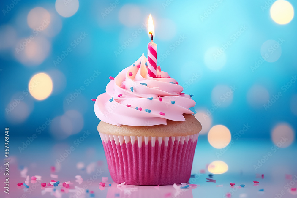 The close up of a pink cream cupcake with rainbow sprinkle and a lighted candle isolated on a blue background, Generative AI. The close up of a pink cream cupcake with rainbow sprinkle and a lighted candle isolated on a blue background, Generative AI.