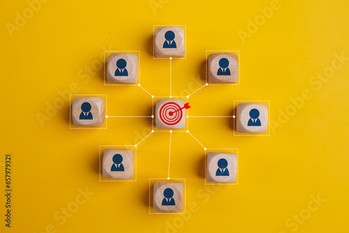 Concept of achieving goals by cooperating with team members with a human icon for customer focus target group and customer relation management concept. photo
