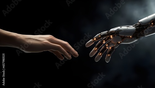 Human hand and robot hand, symbolizing the union of humanity, artificial intelligence, and technology