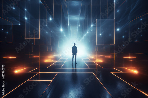A futuristic image of a person from behind entering a vortex portal ,energy portal, light beams. Generative AI