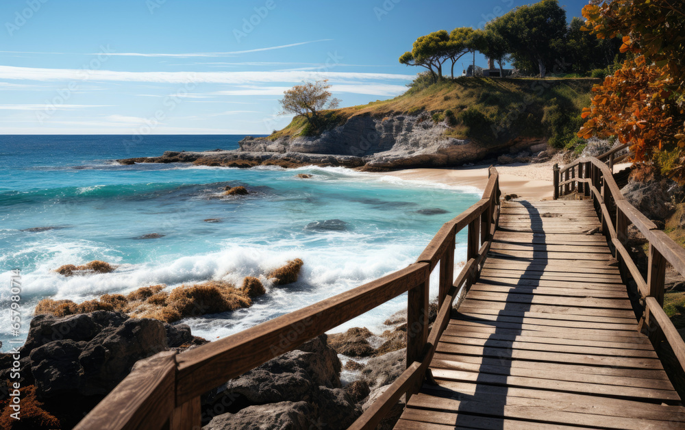 Wooden pier with rocky cliff and stairs near sand beach ocean. Generative AI Wooden pier with rocky cliff and stairs near sand beach ocean. Generative AI