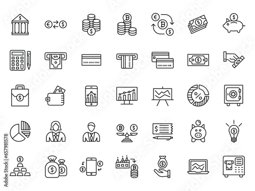 Finance thin line icon set. Outline stroke, Bitcoin,Exchange,Bank,Savings,Gold,Storage
