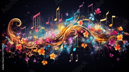 Artistic Colourful Music Notes and Floral Design.  Music notes with floral elements on a dark background.