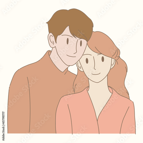 Romantic couple smiling, in love leaning head to each other. Husband and wife embracing.  Hand drawn flat cartoon character vector illustration.