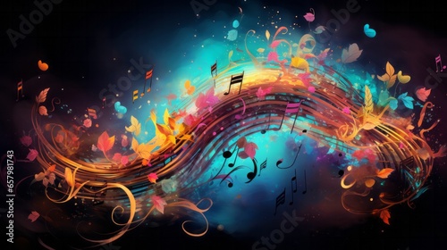 Colourful Abstract Musical Wave Design.
A vibrant abstract design with a wave of musical notes and a spectrum of colours. photo
