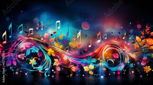 Floral Music Symphony. Colourful music notes intertwined with floral elements, depicting a symphonic blend.
