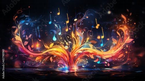 Melodic Splash. Vivid splash of music notes and colours, suggesting a powerful musical explosion.