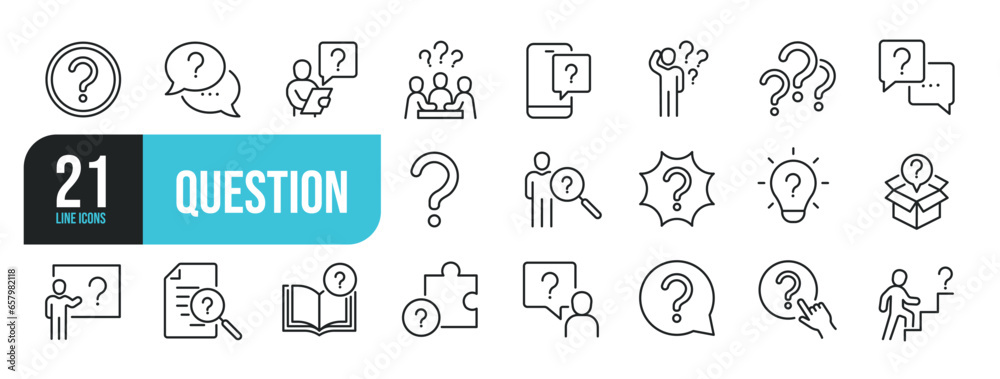 Set of line icons related to question, inforamtion, help, think. Outline icons collection. Editable stroke. Vector illustration. - obrazy, fototapety, plakaty 