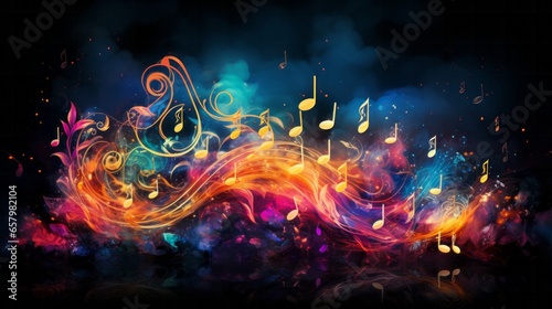 Abstract Melodic Swirl with Colourful Notes. Colourful music notes swirling in an abstract melodic composition. © AI Visual Vault