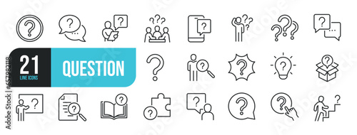 Set of line icons related to question, inforamtion, help, think. Outline icons collection. Editable stroke. Vector illustration.
