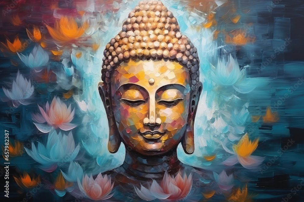 Oil painting of golden glowing Buddha face with abstract texture on background