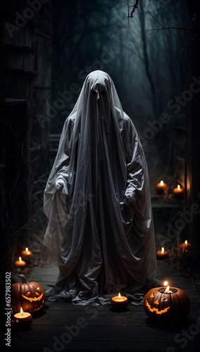 Spooky Halloween Ghost In Spooky dark Night. Holiday event halloween background concept for halloween card