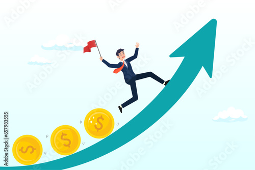 Businessman investor, fund manager holding flag lead money coins running up rising graph, investment profit and earning, stock market growth or fund flow depend on interest rate and inflation (Vector)