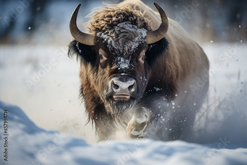 a cute buffalo playing in the snow