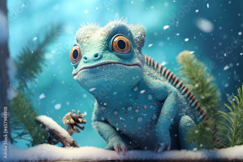 a cute chameleon playing in the snow