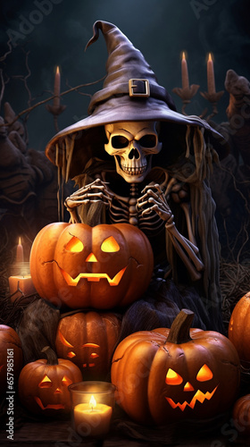 Halloween concept. Scary pumpkin and skeleton witches.