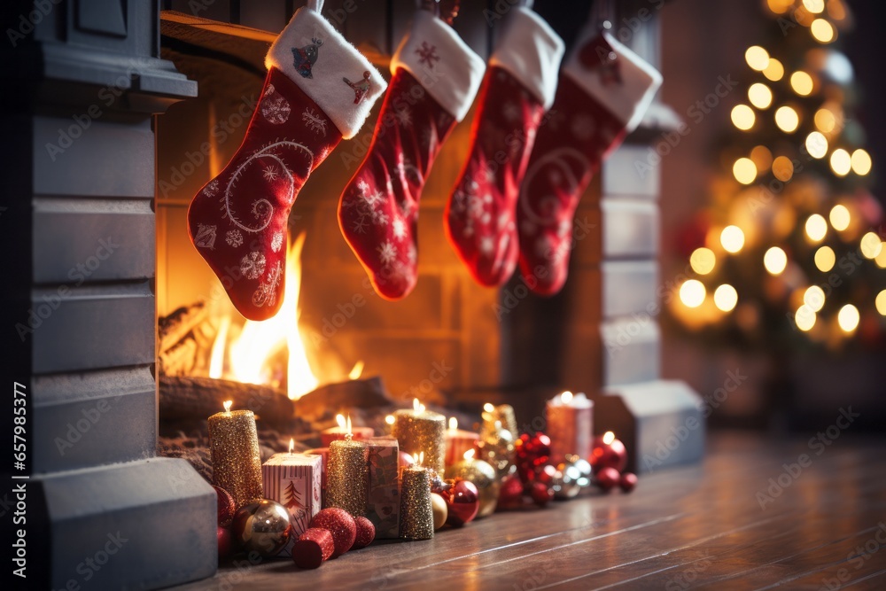 Christmas stockings hanging over a cosy fireplace on Christmas eve with copy space. Beautifully decorated living room on occasion of New Year and Christmas holidays.
 - obrazy, fototapety, plakaty 