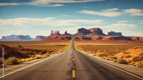 Travel trip through the state of Arizona, Monument Valley. Endless straight highway in the USA