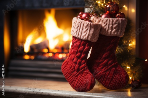 Christmas stockings hanging over a cosy fireplace on Christmas eve with copy space. Beautifully decorated living room on occasion of New Year and Christmas holidays.
