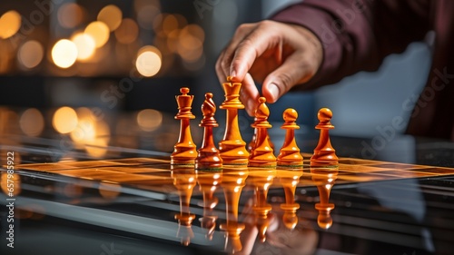 Chess game and board with competition or challenge, intelligence, and players up close.