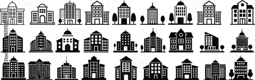 set of building icons, such as city, apartment, condominium, town. isolated