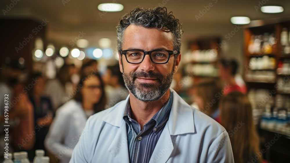 Crossed arms, a pharmacy, and a smiling image of a person representing healthcare, service, and medicine. Crossed arms, a pharmacy, and a smiling image of a person representing healthcare, service, and medicine.