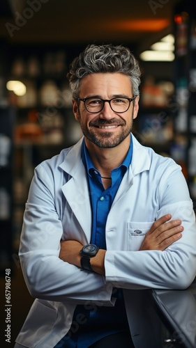 Crossed arms, a pharmacy, and a smiling image of a person representing healthcare, service, and medicine.