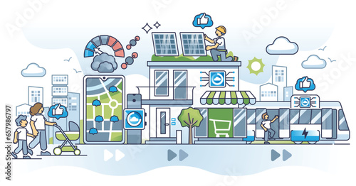 Real time carbon emission data monitoring and CO2 tracking outline concept. Smart city feature for air quality management to avoid carbon dioxide gas pollution vector illustration. Green urban scene.