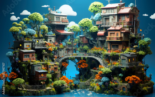 4k pixel art view of a city of nature. bridge and water. cartoon city. 3D city model. high-resolution art. children's workbook art.