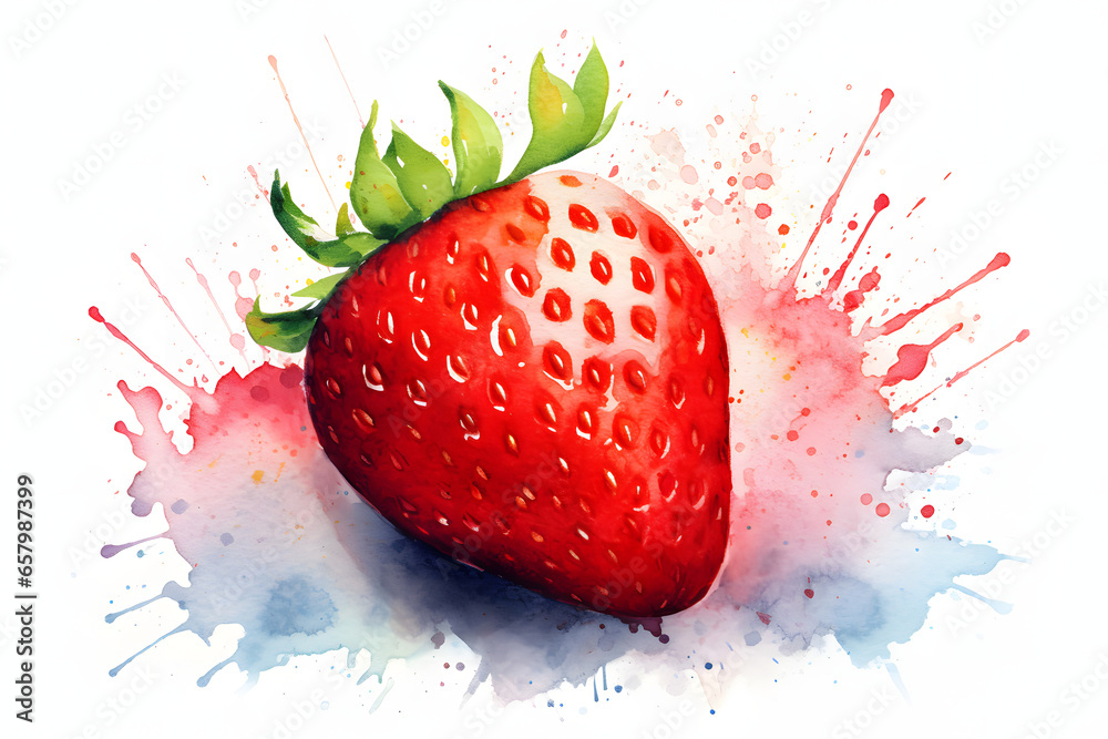 Fresh strawberries watercolor art style - obrazy, fototapety, plakaty 