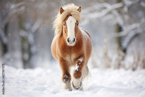 a cute horse playing in the snow