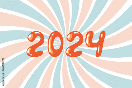 2024 groovy vector. Hand drawn number 2024 New Year isolated on swirl background in retro style