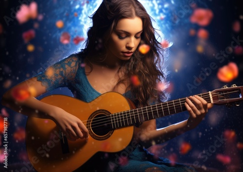 Girl is playing an acoustic guitar. Generative AI