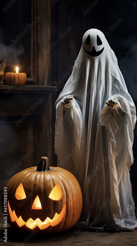 Halloween trick and treat concept. Scary pumpkin and ghost walk together.