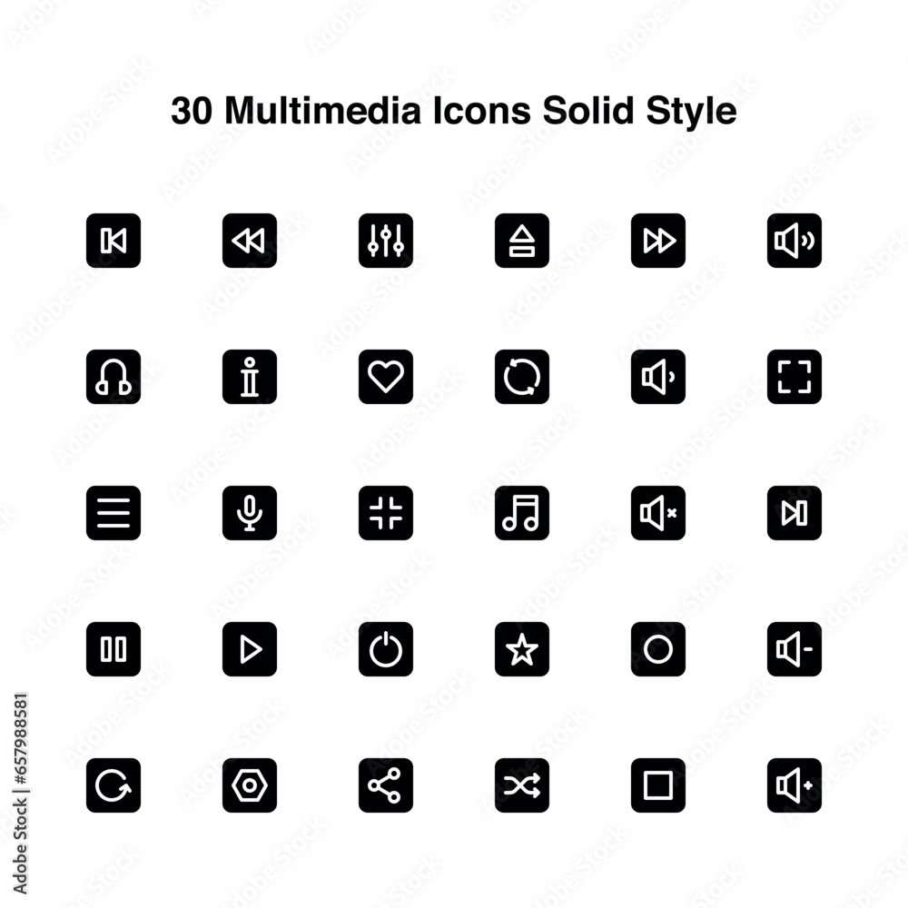 Illustration vector graphic icon of 30 Multimedia Icons Set. Solid Style Icon. Multimedia Themed Icon. Vector illustration isolated on white background. Perfect for website or application design